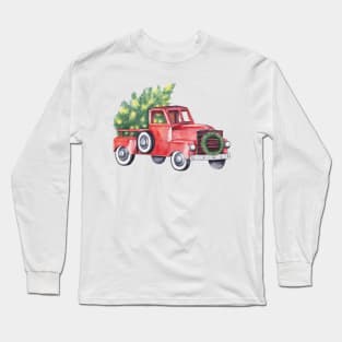 Old red truck Christmas illustration Long Sleeve T-Shirt